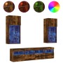 Muebles TV pared con LED 5 pzas madera ingeniería roble ahumado