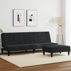 Sofá cama de 2 plazas con taburete terciopelo negro en Sofás | Comprar online en Foro24