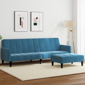 Sofá cama de 2 plazas con taburete terciopelo azul