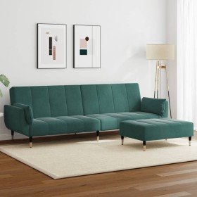 Sofá cama de 2 plazas con taburete terciopelo verde oscuro en Sofás | Comprar online en Foro24