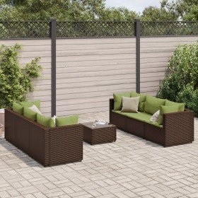 Set muebles de jardín 7 piezas y cojines ratán sintético marrón