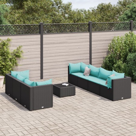Set de muebles de jardín 8 pzas y cojines ratán sintético negro