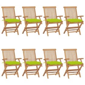Sillas de jardín 8 uds madera teca con cojines verde brillante