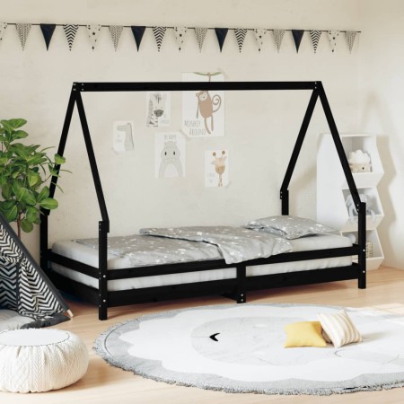 Black pine wood children's bed frame 90x190 cm by vidaXL, Cribs and beds for children - Ref: Foro24-834494, Price: 98,43 €, D...