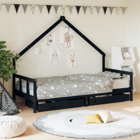 Estructura de cama niños con cajones madera pino negro 90x200cm
