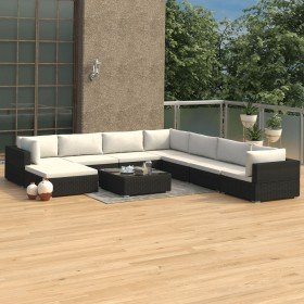Set de muebles de jardín 9 pzas y cojines ratán sintético negro