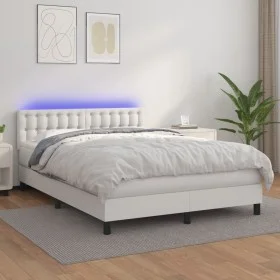 Cama box spring colchón y LED cuero sintético blanco 140x190 cm de vidaXL, Camas y somieres - Ref: Foro24-3134220, Precio: 49...