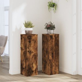 Soportes de plantas 2 uds madera roble ahumado 25x25x80 cm
