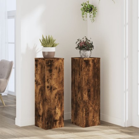 Soportes de plantas 2 uds madera roble ahumado 25x25x80 cm