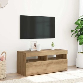 Mueble de TV luces LED madera roble artisan 90x35x40 cm