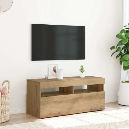 Mueble de TV luces LED madera roble artisan 90x35x40 cm