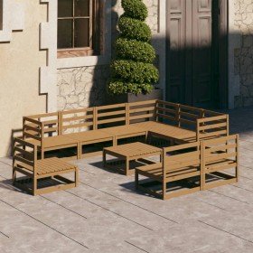 Muebles de jardín 10 pzas y cojines marrón miel madera pino