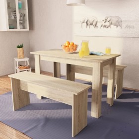 Mesa de comedor y bancos 3 piezas madera ingeniería roble