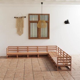 Muebles de jardín 9 pzas y cojines marrón miel madera pino