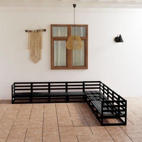 Juego de muebles de jardín 9 piezas negro madera maciza de pino Juego de muebles de jardín 9 piezas negro madera maciza de pino