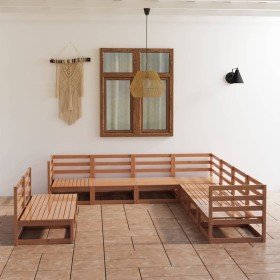 Muebles de jardín 9 pzas y cojines marrón miel madera pino