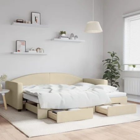 Trundle sofa bed with drawers cream fabric 90x200 cm by vidaXL, Beds and slatted bases - Ref: Foro24-3197228, Price: 291,10 €...
