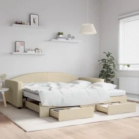 Trundle sofa bed with drawers cream fabric 100x200 cm by vidaXL, Beds and slatted bases - Ref: Foro24-3197251, Price: 474,74 ...