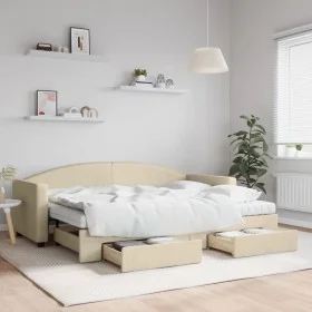 Trundle sofa bed with drawers cream fabric 80x200 cm by vidaXL, Beds and slatted bases - Ref: Foro24-3197241, Price: 456,98 €...