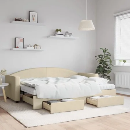 Trundle sofa bed with drawers cream fabric 80x200 cm by vidaXL, Beds and slatted bases - Ref: Foro24-3197241, Price: 456,98 €...