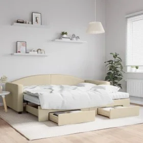 Trundle sofa bed with drawers cream fabric 90x200 cm by vidaXL, Beds and slatted bases - Ref: Foro24-3197246, Price: 481,00 €...