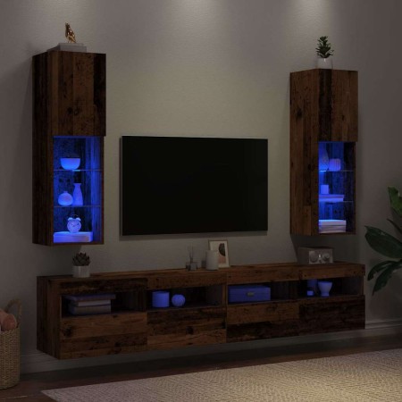 Muebles TV con luces LED 2 uds madera envejecida 30,5x30x102 cm