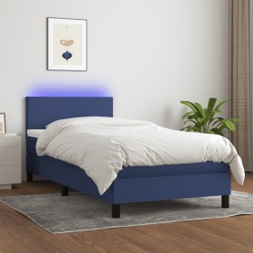 Cama box spring con colchón y LED tela azul 80x200 cm