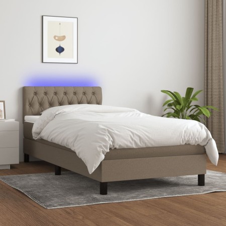 Cama box spring colchón y luces LED tela gris taupe 90x200 cm