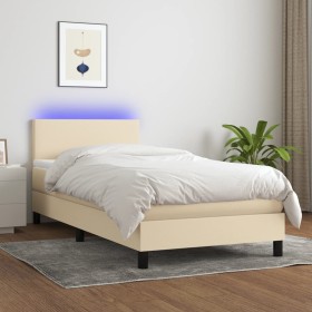 Cama box spring con colchón y LED tela crema 90x190 cm