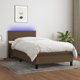 Cama box spring colchón y luces LED tela marrón oscuro 90x190cm