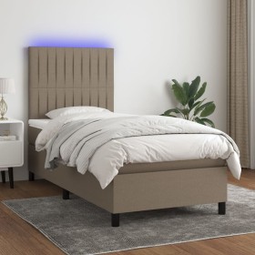 Cama box spring colchón y luces LED tela gris taupe 90x190 cm