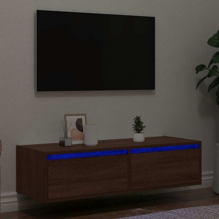 Mueble de TV con luces LED roble marrón 100X35,5x25 cm