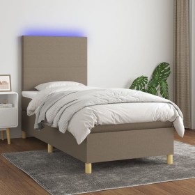 Cama box spring colchón y luces LED tela gris taupe 90x190 cm