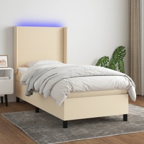 Cama box spring colchón y luces LED tela color crema 90x190 cm