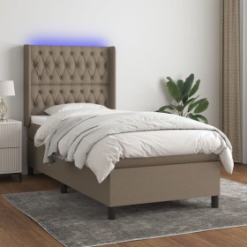 Cama box spring colchón y luces LED tela gris taupe 90x190 cm