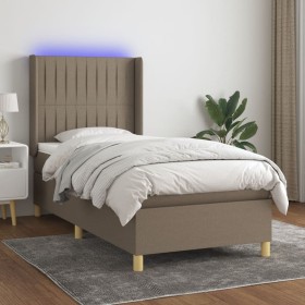 Cama box spring colchón y luces LED tela gris taupe 90x190 cm