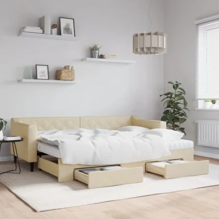 Trundle sofa bed with drawers cream fabric 80x200 cm by vidaXL, Beds and slatted bases - Ref: Foro24-3197479, Price: 456,00 €...