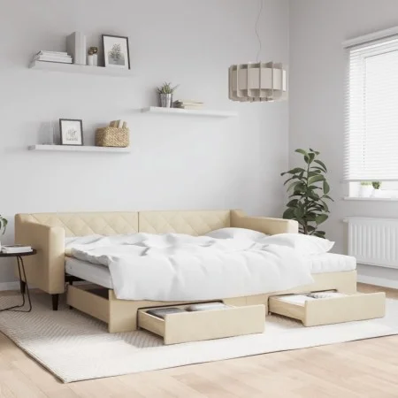 Trundle sofa bed with drawers cream fabric 90x200 cm by vidaXL, Beds and slatted bases - Ref: Foro24-3197484, Price: 478,70 €...