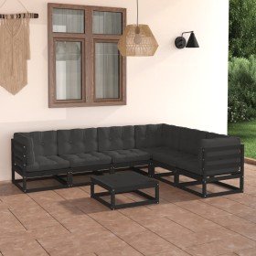 Set de muebles de jardín 7 pzas con cojines madera pino negro en Conjuntos de jardín | Comprar online en Foro24