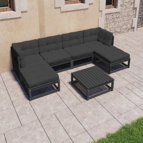 Set de muebles de jardín 7 pzas con cojines madera pino negro