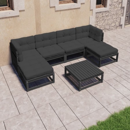 Set de muebles de jardín 7 pzas con cojines madera pino negro