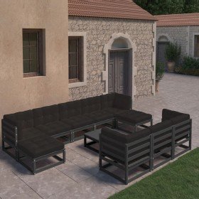 Set de muebles de jardín 10 pzas con cojines madera pino negro