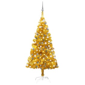 Árbol de Navidad preiluminado con luces y bolas dorado 150 cm