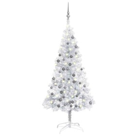 Árbol de Navidad preiluminado con luces y bolas plateado 120 cm