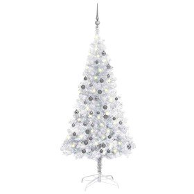 Árbol de Navidad preiluminado con luces y bolas plateado 120 cm