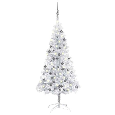 Árbol de Navidad preiluminado con luces y bolas plateado 120 cm