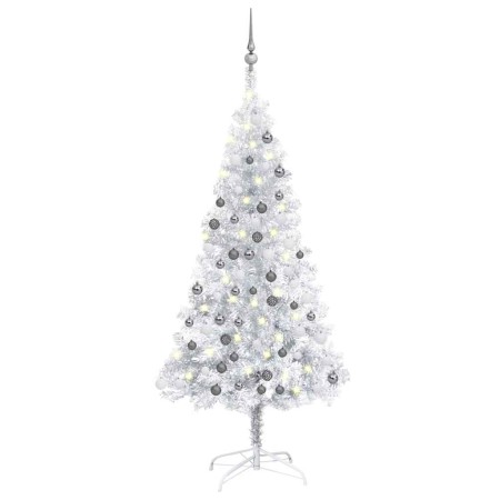 Árbol de Navidad preiluminado con luces y bolas plateado 150 cm
