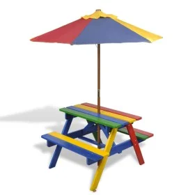 Picnic table and children's benches with multicolored wooden umbrella by vidaXL, Garden tables - Ref: Foro24-40773, Price: 89...