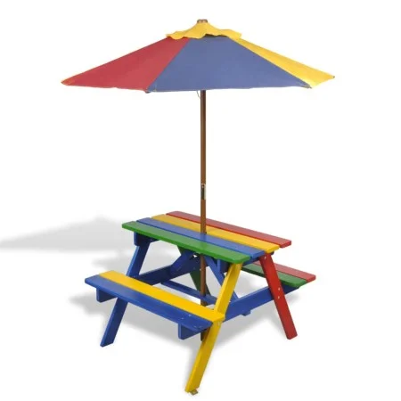 Picnic table and children's benches with multicolored wooden umbrella by vidaXL, Garden tables - Ref: Foro24-40773, Price: 89...