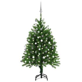 Árbol de Navidad preiluminado con luces y bolas verde 120 cm